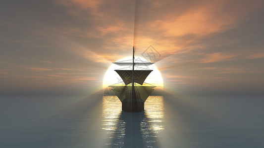 哥伦布海上夕阳下的旧船运输巡航海洋太阳海盗舰队全景日落插图航行背景
