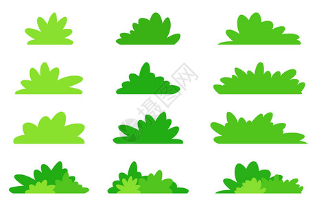 连翘树篱简单的布什设置为绿色 简约卡通风格的平面矢量设计 孤立在白色背景上的花园灌木丛集合插画