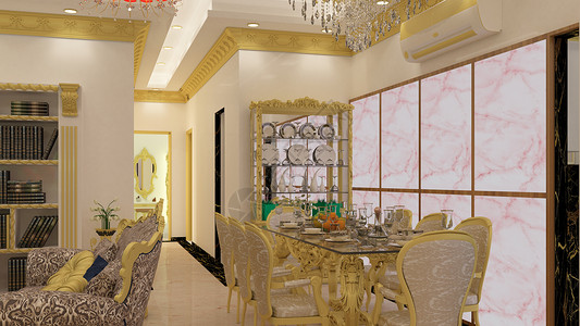 3d 使I说明式典型客厅有餐桌 白色 黑色和金色主题的经典组合组合枝形古董建筑学水晶吊扇玻璃椅子渲染奢华大理石背景图片