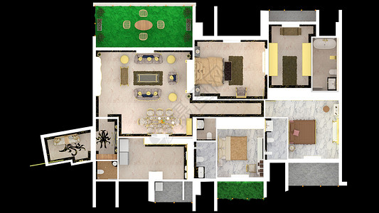 卧室平面图3d 渲染插图经典风格平面图 白色 黑色和金色主题的经典组合背景