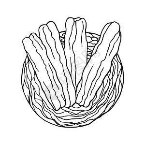 白色圈手绘涂鸦油条 中国菜菜 菜单咖啡馆标签和包装的设计草图元素 白色背景上的矢量图插画