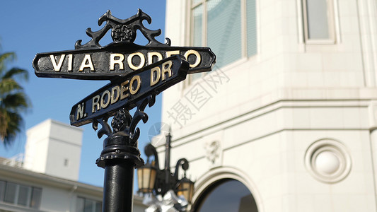 十字交叉路口标志世界著名的Rodeo车道标志 十字街牌 比佛利山交叉路口 美国加利福尼亚州洛杉矶旅游 富豪生活消费主义 奢华品牌和高档商店概念背景