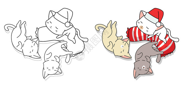 哈咪猫猪你快乐沉睡的可爱猫卡通彩画页面草图睡觉睡眠毛皮姿势小憩微笑小猫收藏动物插画