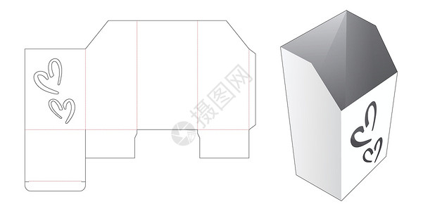 带 2 个心形窗口模切模板的纸板文具盒枕头食物卡片商业展示推介会木板礼物商品糖果背景图片