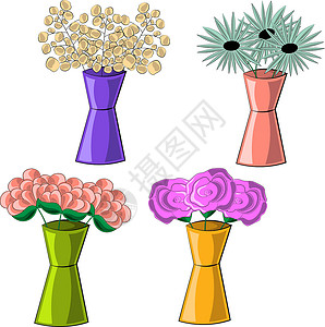 生硬有不同的花瓶和花的小集合插图瓶子植物派对卡通片婚礼玻璃陶瓷天堂玫瑰插画