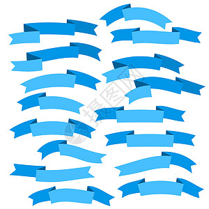 装饰丝带横幅白色背景上隔离的一套蓝色平板丝带 Ribbon 横幅矢量插图框架磁带标签收藏装饰销售风格贴纸边界商业插画