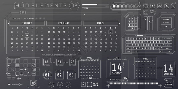 日历界面一套未来界面的 HUD 日历元素插图造型数据高科技电脑收藏数字科学展示图表设计图片