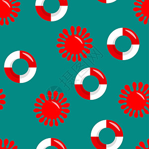 红色漂浮圆圈无缝图案与红色和白色的救生圈和蓝色背景上的太阳 夏天的象征 生命带 矢量彩色平面插画 海上生活方式 织物 纺织品 海报 卡片的设插画