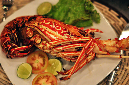 龙虾酱特制的外源红龙虾热镜头 配上加装饰品盘子上的菜红色龙虾背景