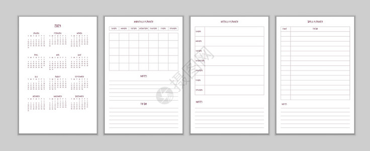 2021 年日历每日每周每月个人计划日记模板采用极简少女风格 组织者笔记本的月历个人日程限制设计 星期从周日开始背景图片