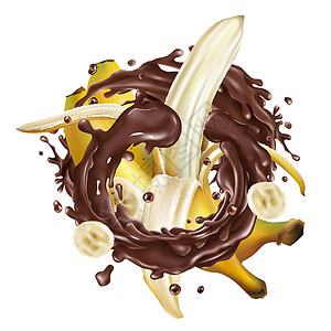 和切片香蕉 在巧克力飞溅液体配料菜单食物食谱营养厨房插图可可广告背景图片