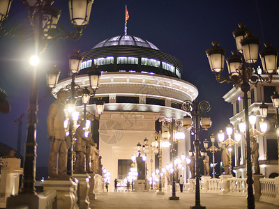 2014年晚上斯科普里城市纪念碑建筑学历史秀场首都游客天空建筑地标背景图片