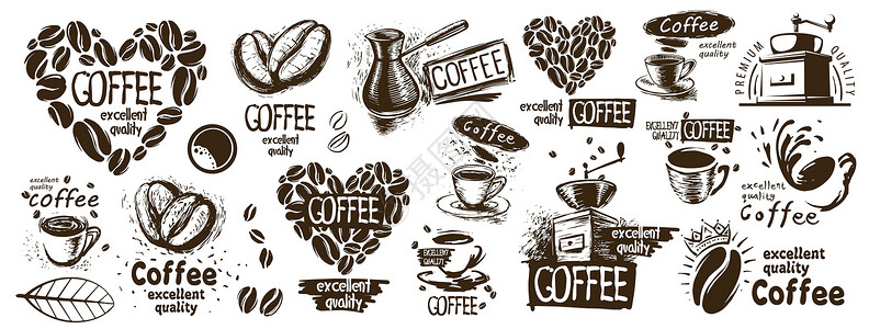 抽绳一组大矢量的抽画标识和咖啡元素店铺绘画打印咖啡店手绘杯子标签豆子插图草图插画