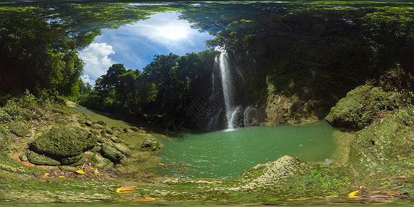 景德镇陶溪川美丽的热带瀑布 菲律宾波霍尔川山瀑布 虚拟现实360号旅行全景流动景观叶子峡谷溪流虚拟现实岩石旅游背景