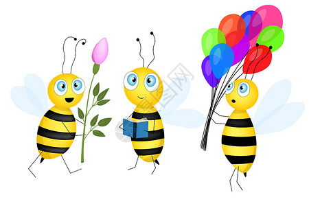 大黄蜂一套卡通可爱的蜜蜂吉祥物 一只小蜜蜂飞来飞去 黄蜂集合 矢量字符 昆虫图标 邀请函 卡片 壁纸 幼儿园的模板设计 涂鸦风格熊蜂荒插画