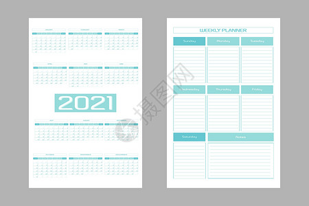 一套 2021 年日历和每周计划日记模板 月历和个人日程简约设计 星期从周日开始背景图片
