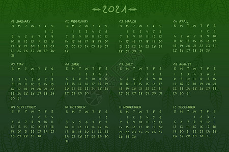 简约植物生态风格的 2021 年挂历模板 带有手绘字体类型和绿色的日历设计理念 星期从周日开始背景图片