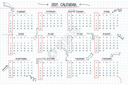 虎年挂历表2021 年日历手绘文本学校笔记样式方格笔记本表 带有线条箭头和框架 星期从星期日开始 具有一手拉字体类型和元素的挂历设计理念设计图片