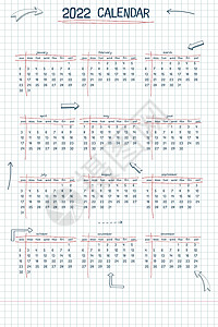 2022 日历周计划表和待办事项列表 手绘字体类型文本和元素学校笔记样式方格笔记本表与线条箭头和框架背景图片