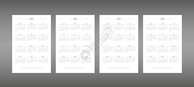 2022 2023 2024 2025 个人计划日记笔记本可爱简约风格的日历 笔记本的个人日程日历 星期从周日开始年度办公室季节背景图片