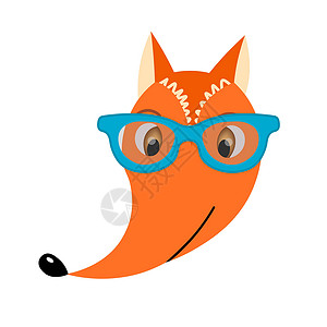 戴眼镜小狐狸戴着太阳镜的彩色可爱矢量狐狸脸 白色背景上的一个对象 卡通平面插图 表情符号有趣的动物 尴尬的微笑情绪 模板图标 标志 贴纸插画