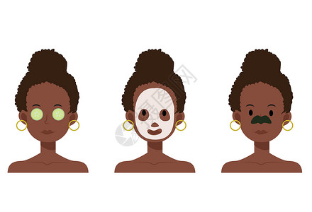 美国女性平面卡通矢量插图非洲裔美国妇女与面罩鼻贴黄瓜眼贴护肤品设计图片