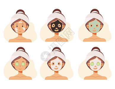 平面卡通人物矢量插图女性面孔与面部护理 面部皮肤护理 粘土面膜海藻酸盐面膜背景图片