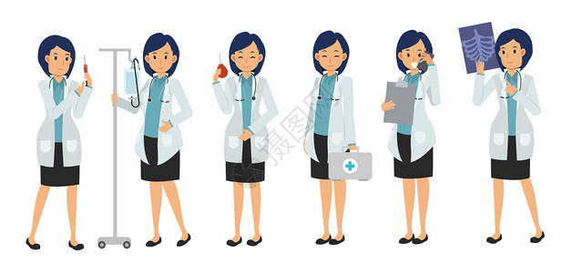 专家全身向量集的女医生字符与各种医疗设备 医学插图插画