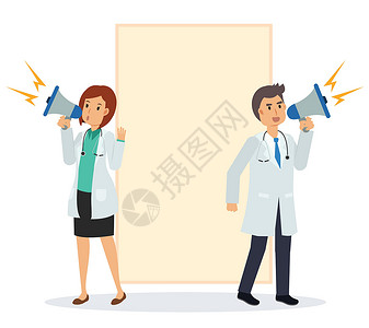 女人张贴公告位医生用扬声器宣布的矢量平面卡通插图 后面是白板设计图片