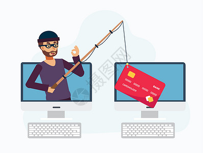 电脑木马黑客用钓鱼竿窃取信用卡 平面矢量卡通人物黑客概念 在线设计图片