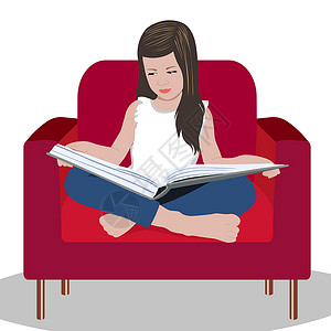 沙发看书女孩小女孩读一本书 坐在扶手椅上 远程教育 家庭教育 做家庭作业的学校女孩女孩 她手里拿着一本书的孩子 翻书设计图片