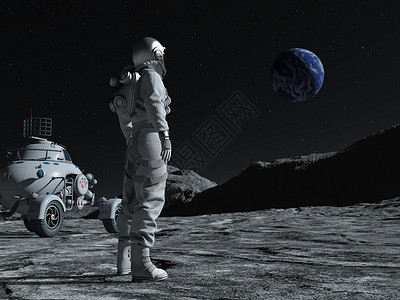 月亮上的宇航员月球上太空行走的宇航员看着地球 他旁边有一辆月车背景