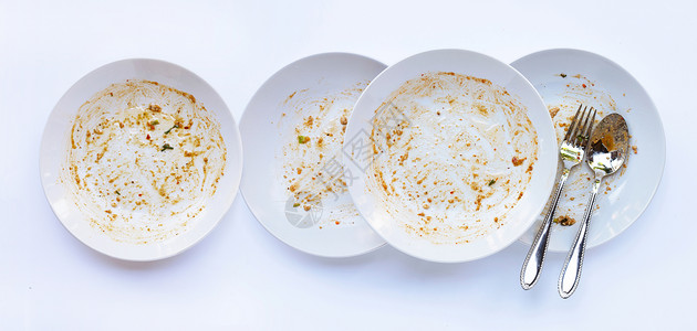 白色背景的脏盘子刀具午餐家务工作陶器琐事杯子菜肴餐厅果汁图片