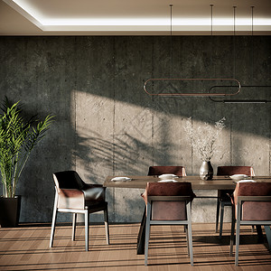 现代阁楼餐厅的室内设计灰色阁楼墙壁和镶木地板3d 渲染背景背景图片