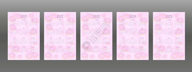 粉色卡通日历2021 2022 2023 2024 2025 个人规划师和笔记本的日历集 粉红色的甜甜圈与奶油糖霜可爱的卡通少女幼稚风格 星插画