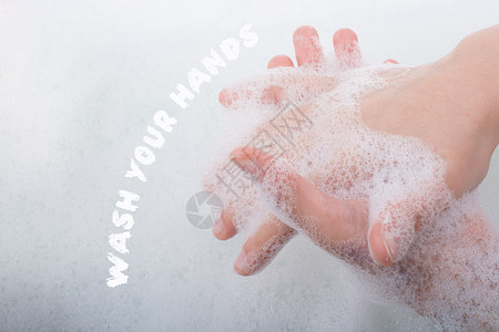 肥皂海报儿童洗手在泡沫停止COVID19流感冲洗病菌消毒安全卫生预防感染清洁度海报背景