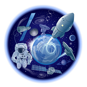行星轨道探索银河系和太空天文学外星人科学世界卫星宇宙宇航员插图行星地球插画