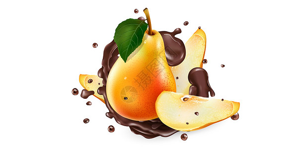 新鲜的梨子和液体巧克力喷洒飞溅糖果菜单食谱味道咖啡店可可营养广告食物背景