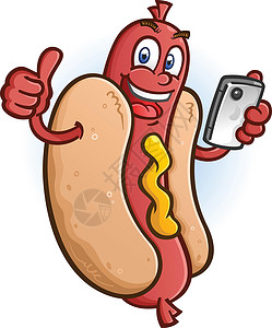 热香肠使用智能手机的热狗卡通人物设计图片
