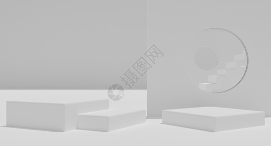 带有白色背景楼梯的样机讲台 用于产品展示  3D渲染展览插图平台小样陈列柜3d场景广告工作室推介会背景图片