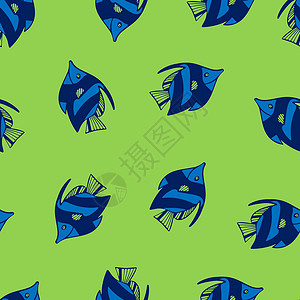 无缝模式与绿色背景上的蓝色和绿色鱼背景图片