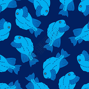 无缝模式与深蓝色背景上的蓝色鱼背景图片