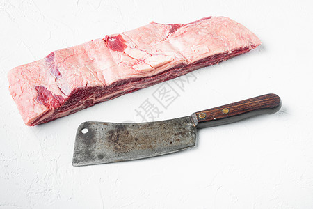 白石本底的牛排短肋肉和老屠宰刀头刀高清图片