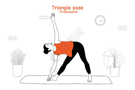 女人做瑜伽体式三角姿势或平面手绘风格插画