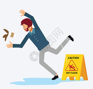 警告卡通震惊的人在湿地板上滑倒也洒了他的咖啡 滑湿地板 小心湿地板标志 危险标志 平面矢量卡通人物图案制作设计图片