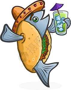 泰式鱼饼拿着热带 Drin 的鱼炸玉米饼卡通人物插画