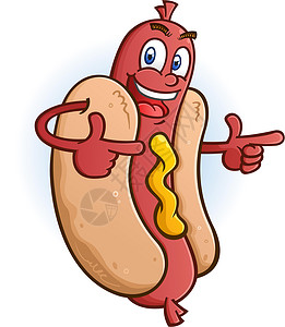 芥末扁豆热狗卡通人物指向两个手指设计图片