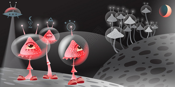 宏观世界神奇的蘑菇艺术月亮黑色天文学灯泡行星世界卡通片红色宇宙插画