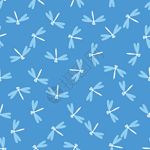 蓝色的昆虫矢量图彩色背景上有蜻蜓的无缝图案 浪漫的矢量图 可爱的卡通人物 邀请函 卡片 纺织品 织物的模板设计 涂鸦风格动物昆虫蝴蝶生物蓝色漏洞插画