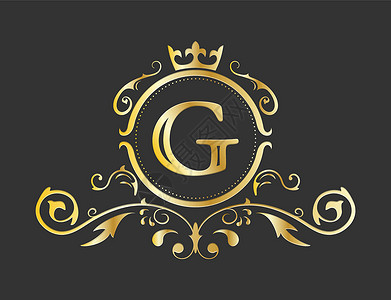 金色字母E拉丁字母表的金色程式化字母 G 带有装饰品和皇冠的会标模板 用于设计 ials 名片徽标标志和 heraldr插画